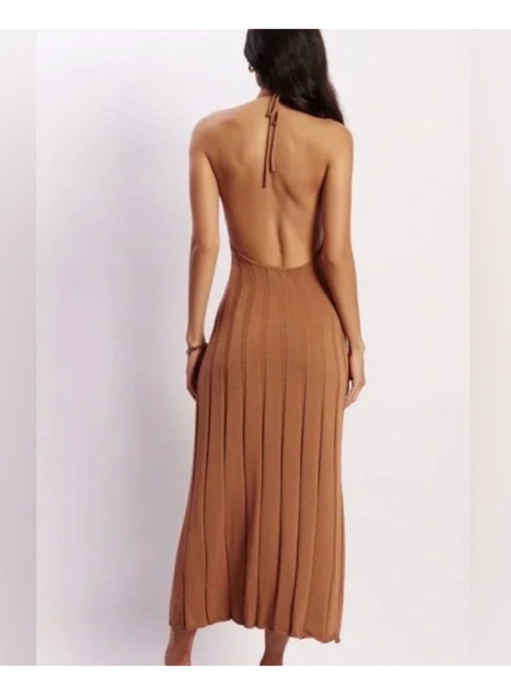 Meshki Ribbed Halter Midi Dress in Camel - Picture 2 of 8